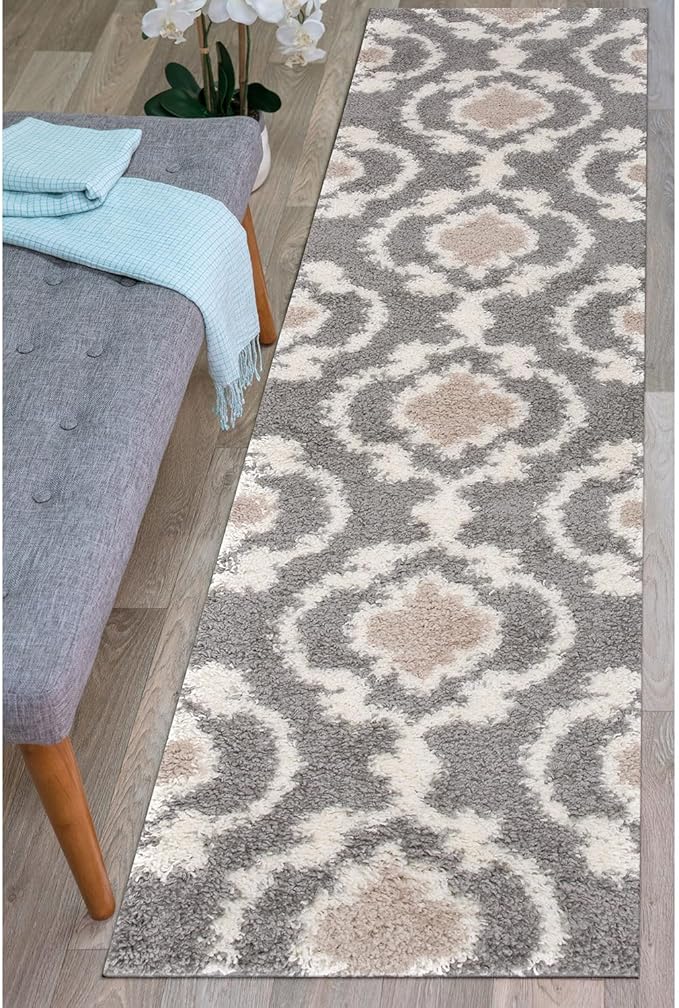 Rugshop Cozy Moroccan Trellis Indoor Shag Runner Rug 2' x 10' Gray/Cream