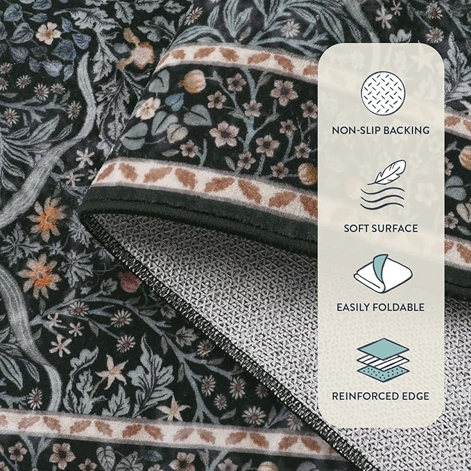 Lahome Floral Entryway Rug, 2x3 Kitchen Rugs Non Slip Washable Boho Black Forest Design, Soft Door Mat Indoor Entrance, Ultra-Thin Easy Clean Small Throw Carpet for Bedroom Bathroom, Black