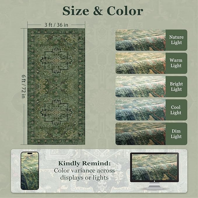 Dark Green 3x6 Runner Rug Non Slip, Washable Thin Kitchen Runner, Vintage Distressed Medallion Carpet Runners for Hallway 6ft Indoor Entryway/Bedroom/Foyer/Laundry Room/Bathroom