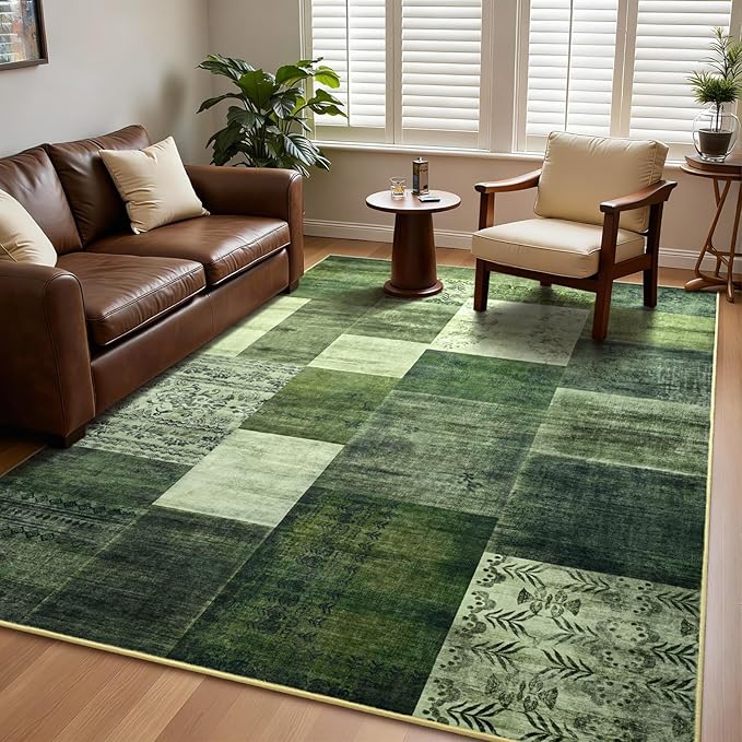 DweIke Washable Area Rugs for Living Room, 5x7 Soft Bedroom Rugs, Geometric Print Non-Slip Modern Rug, Stain Resistant Throw Carpets for Office Nursery Dining Room Home Dorm Decor, Green