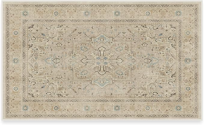RUGGABLE Washable Vintage Area Rug – Kamran Ivory Opal 3x5, Stain-Resistant, Non-Slip – Small Machine Washable Rugs for Living Room, Bedroom, Hallway, Entryway & Office–with Cushioned Pad