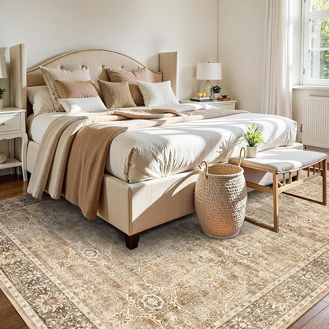 6x9 Beige Washable Rug for Living Room Large Vintage Distressed Bedroom Rug Low Pile Non-Slip Soft Boho Carpets for Bedroom Dining Room Home Office Indoor Nursery