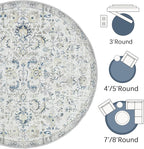 jinchan Kalen Round Rug 7ft Area Rug Washable Vintage Indoor Retro Floor Cover Distressed Floral 7' Round Circle Boho Non Slip Thin Carpet for Living Room Dining Room Bedroom Kitchen Blue