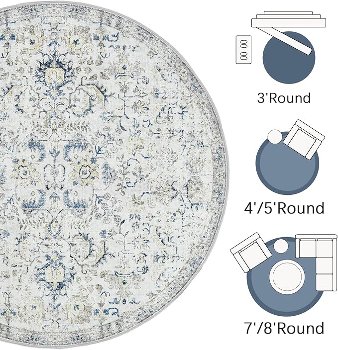 jinchan Kalen Round Rug 6ft Area Rug Washable Vintage Indoor Retro Floor Cover Distressed Floral 6' Round Circle Boho Non Slip Thin Carpet for Living Room Dining Room Bedroom Kitchen Blue