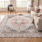 VK VK·LIVING Machine Washable Rug 5'x7' Vintage Design Washable Area Rugs with Non Slip Rugs for Living Room Bedroom Traditional Woven Carpet Stain Resistant, Dining Office Boho Rug (Mistyrose)