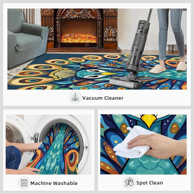 Boho Peacock Rugs for Living Room - 3x4 Rug, Peacock Decor Area Rugs for Bedroom, Teal Turquoise Rug, Modern Style Washable Carpet, Aesthetics Carpet - Peafowl Home Decor & Gifts