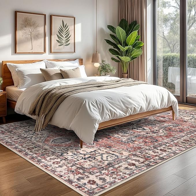 KOZYFLY Boho Area Rug 6x9 Ft Thin Washable Rugs for Bedroom and Living Room Faux Wool Printed Throw Carpet Non Slip Rug for Entryway Kitchen Dining Room, Terracotta/Beige