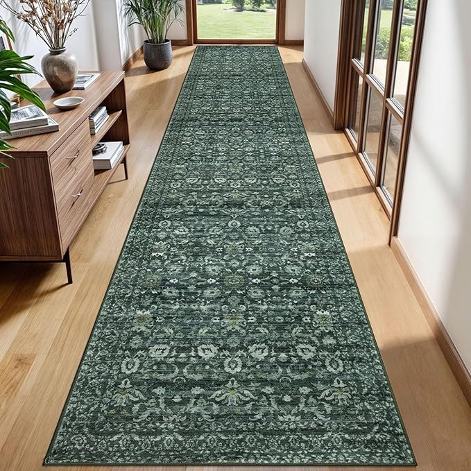 Runner Rug 2.6x12, Dark Green Washable Long Hallway Rug Runner Non-Slip Soft Kitchen Runner Thin Printed Faux Wool Super Soft Carpet for Entryway Bedroom Laundry Room Indoor Home Decor