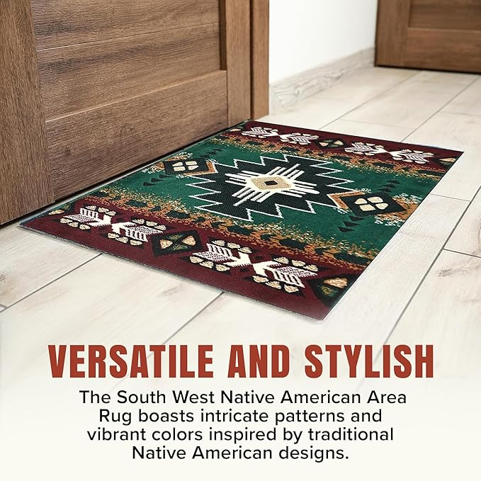 YHSF South West Native American Area Rug C318 - Easy Clean, Thick, Soft, Durable Native Tribal American Indian Inspired Rug for Bedroom/Living Room and More - Hunter Green, 2 ft 4 in x 10 ft 11 in