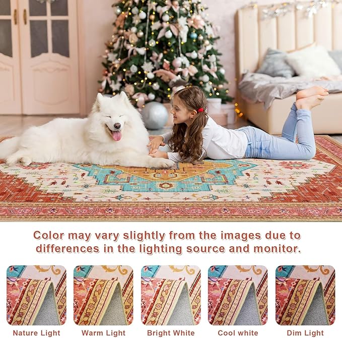 2x3 Orange Pink Small Area Rug for Entryway, Soft Washable Rugs with Non-Slip Backing for Bedroom Kitchen, Vintage Throw Carpet Laundry Entry Front Front Door Decor