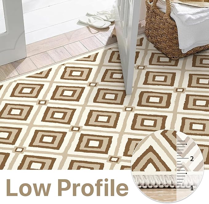 Bavni Hallway Runner Rug Machine Washable, 2x5 Non Slip Lightweight Washable Runners, Moroccan Checkered Rug for Entryway Laundry Kitchen Bathroom Corridor Bedside, Yellow Brown