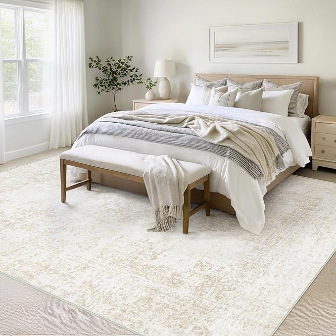 Vintage Living Room Area Rug - 8x10 Large Machine Washable Boho Moroccan Rug Distressed Farmhouse Rugs for Bedroom - Soft Non-Slip Indoor Carpet for Dining Room Office Nursery(Ivory, 8'x10')