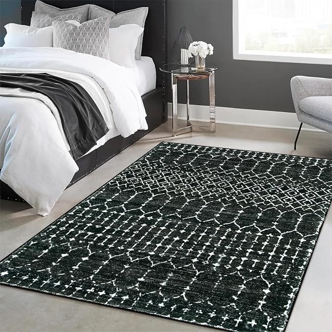 Lahome Moroccan Black Area Rug for Living Room 3x5 Non-Slip Washable Stain Resistant Large Kitchen Rugs Throw Low-Profile Soft Bedroom Carpet Geometric Print Distressed Rug for Entryway Dining Room