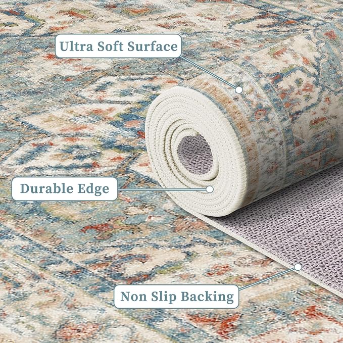 Enkor Runner Rugs for Hallway, 2.6x13 Washable Soft Boho Non Slip Floor Rugs for Kitchen, Modern Mat for Living Room Bedroom Entryway Beige & Green