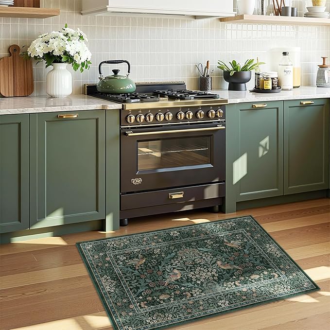 2x3 Floral Washable Area Rug for Entryway, Vintage Boho Rugs for Living Room Bedroom Dining Room, Botanical Birds Non Slip Low Pile Forest Animal Throw Carpet for Farmhouse Office, Retro Green/Blue