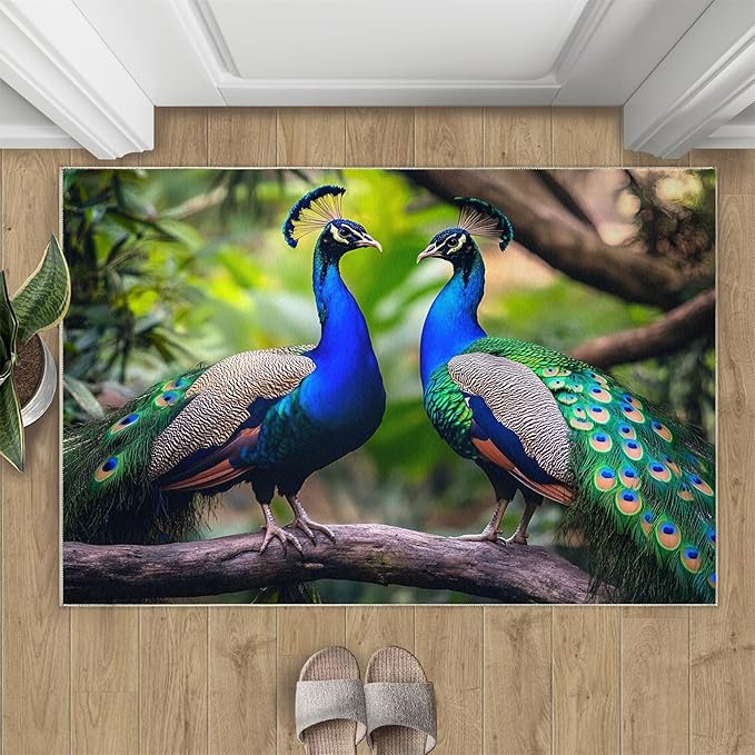 Peacock Rugs for Bedroom - 3x4 Rug, Peacock Couples Area Rugs for Living Room, Nature Carpet, Peafowl Washable Area Mat, Malachite Green Feather Carpet - Peafowl Home Decor & Gifts
