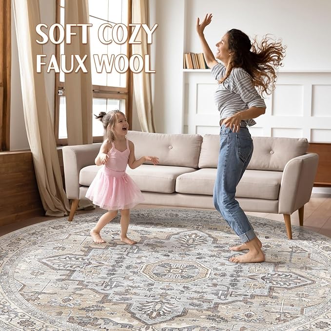 Round Rug Living Room Rugs: 8x8 Washable Boho Neutral Large Circle Soft Indoor Distressed Stain Resistant Floor Farmhouse Carpet for Bedroom Nursery Kids Playroom Office Dining Room Dorm- Cream Gray