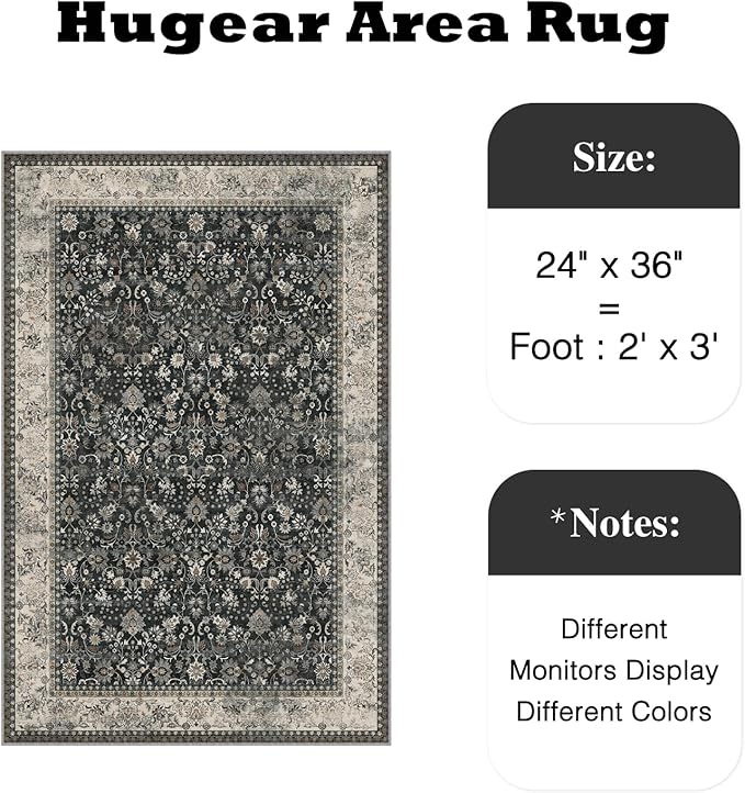 HUGEAR 2x3 Entryway Rug Machine Washable Area Rug Black Beige Small Rugs Door Mat Indoor Accent Carpet Floral Low Pile Distressed Throw Rugs Kitchen Office Non Slip