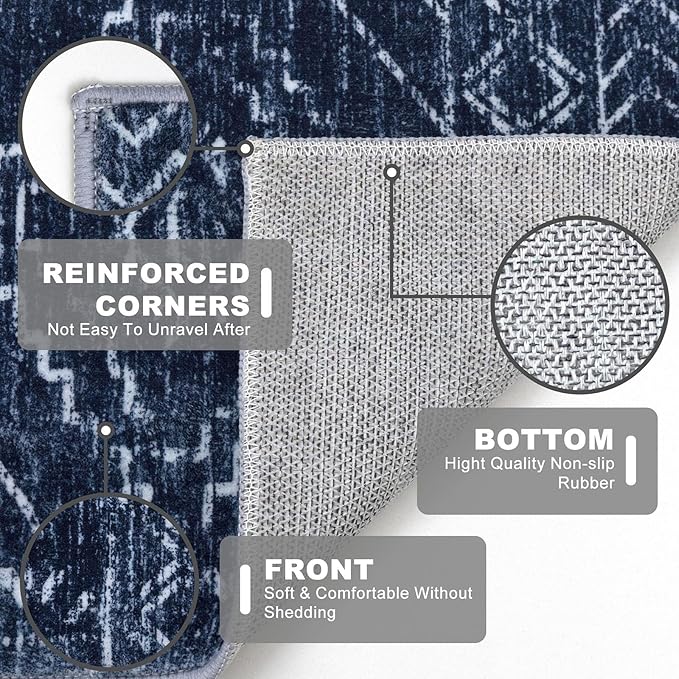 KILOCOCO Boho Kitchen Runner Rug 2x5 Washable Runner Rug, Soft Runners for Hallways Non Slip Printed Distressed Laundry Room Rugs, Low-Pile Rugs for Entryway/Bedroom/Living Room, Dark Blue