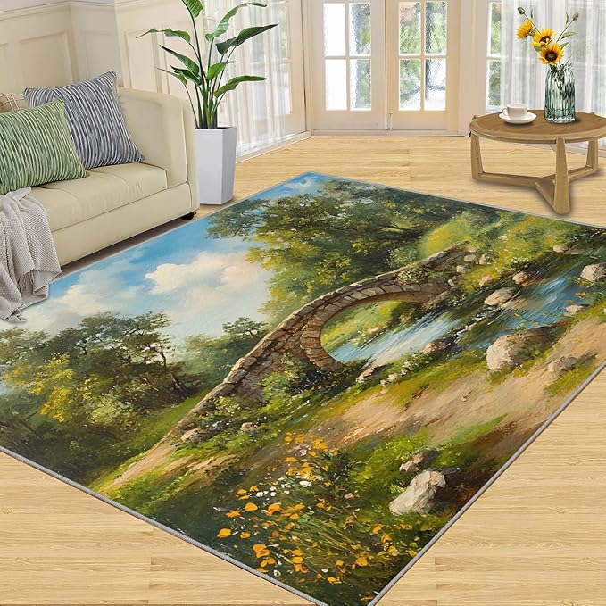 Forest Rugs for Bedroom - 3x5 Area Rug - Stone Bridge Stream Rugs for Living Room, Retro Country Style Rug, Non-Slip Washable Home Decor Carpet