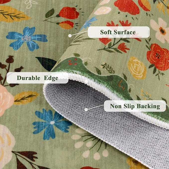 U'Artlines 2'x6' Boho Runner Rug for Hallways Kitchen Colorful Floral Soft Non Slip Washable Floor Carpet Runners for Entryway Laundry Room Bathroom Green