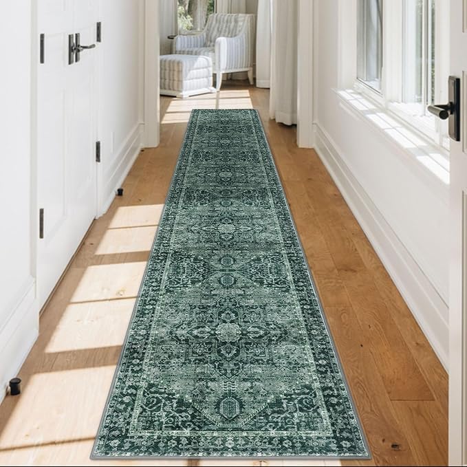 KOZYFLY Runners for Hallways 2x12 Ft Extra Long Washable Kitchen Runner Rug Boho Entryway Rug for Hallways Indoor Printed Faux Wool Stair Runner Carpet for Stairs Kitchen Hall, Dark Green