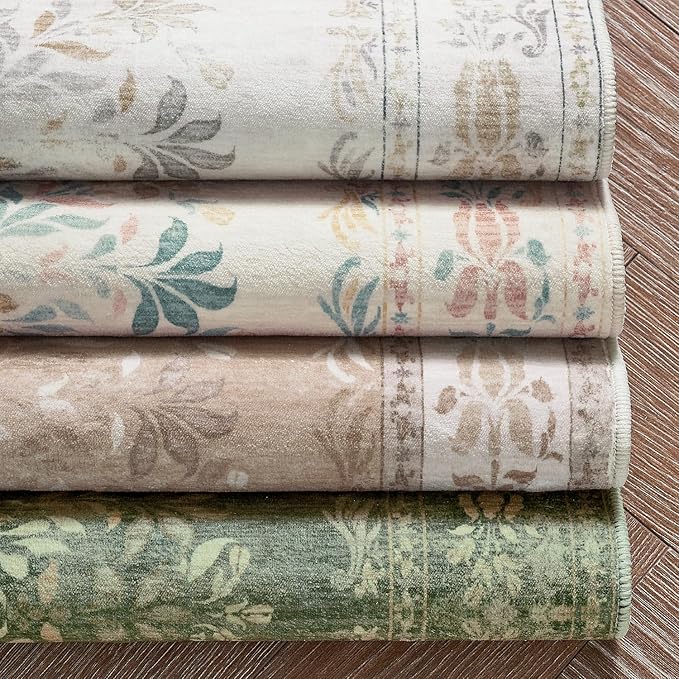 jinchan Hallway Runner Rug 2x10 Vintage Floral Distressed Design - Machine Washable Non-Slip Low-Pile Soft Thin Faux Wool Kitchen Carpet for Farmhouse Bedroom Laundry Room(2x10ft,Dark Green)