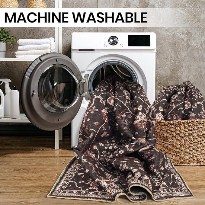 GLN Rugs Traditional Collection - Machine Washable Area Rug, Traditional Washable, Non Slip, Low Pile Chenille Rug, Living Room, Bedroom, Kitchen Rug (2' x 3' Black)