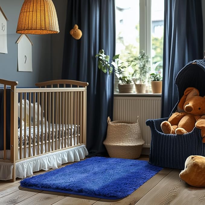 Zentavio Bedside Rugs Small 2x3 Shag Entry Entrance Rugs Soft Boys Bedroom Carpet Navy Area Rugs for Dorm College Essentials Non-Slip Living Room Throw Rug Home Decor Aesthetic Nursery Blue