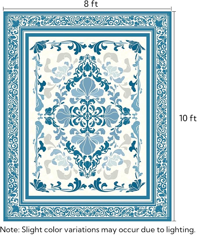 SOULFUL Medium Pile 8x10 Rugs for Living Room - Soft Foot Feel Large Area Rug - Blue Boho Floral - Washable Non-Slip - Perfect for Bedroom Kids Room Under Dining Table Office