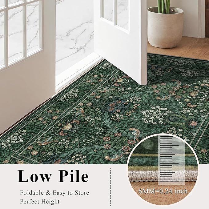 2x6 Floral Washable Area Rugs Soft Runner Rug for Living Room, Vintage Boho Hallway Rug for Bedroom Dining Room, Distressed Botanical Birds Non Slip Low Pile Throw Carpet for Office, Bright Green