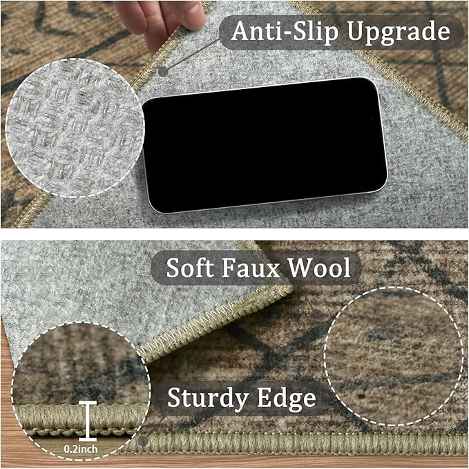 2x8 Machine Washable Runner Rug, Kitchen Hallway Area Rug, Brown Black Vintage Moroccan Rug Ultra Non-Slip Low Pile Soft Faux Wool Carpet, Kids and Pets Friendly for Bedroom Entryway Bedside Decor Rug
