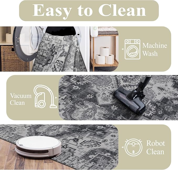 4x6 Washable Area Rug for Living Room, Carpet for Bedroom, Soft Faux Wool Retro Dining Room Rug, Non Slip&Non-Shedding Resistant Low Pile Vintage Print Rug for Home Office (Medium Gray)