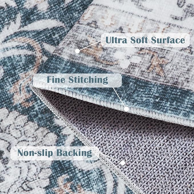 jinchan Floral 6x9 Area Rug for Living Room - Machine Washable Vintage Distressed Boho Design Throw Rug Stain Resistant Carpet Low-Pile Thin Non-Slip for Bedroom Dining Room Nursery (6‘x9', Dark Blue)