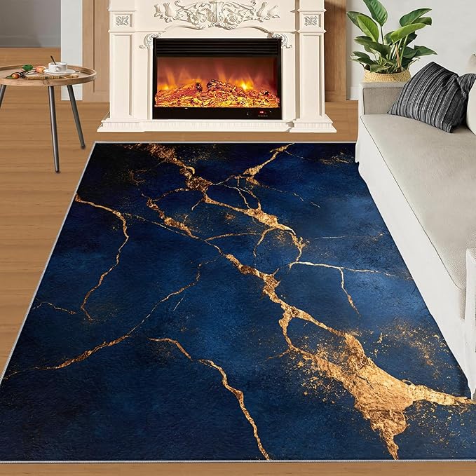 5x7 Abstract Marble Rugs for Bedroom - Dark-Blue-Marble Print Rug, Luxury Stone Pattern Rug Non Slip Soft Rugs for Living Room Hardwood Floors Teen Room