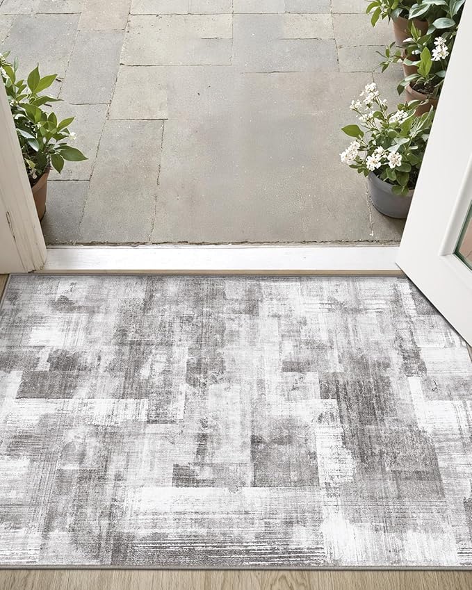 LUMI Ultra Thin Door Mat, 18x30 Non Slip Indoor Doormat Entrance Washable Rugs Entryway Oriental Vintage Soft Carpet for Kitchen Bedroom Front Door, Grey