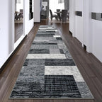 Indoor Runner Rug, Washable Runner Rug with Rubber Backing, Modern Geometric Patchwork Aesthetic Carpet for Bedroom, Living Room, Hallway, Entryway, Washable Rugs Rockwood Collection, 2.7x10 Ft Grey