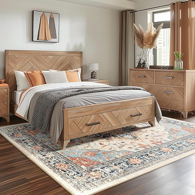 Area Rugs Square 8ft Washable Non-Slip, Floral Vintage Distress Print Pattern Medallion Carpet for Living Room Bedroom Dining Room, Beige Navy Blue Orange Colorful