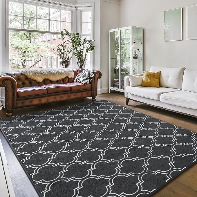 Amearea Fluffy Indoor Trellis Rug, Soft Moroccan Home Rugs for Bedroom, Shag Modern Area Rug for Living Room Kids Room Nursery, Indoor Easy Clean Low Pile Rug Carpet, Dark Grey 4x6 Feet