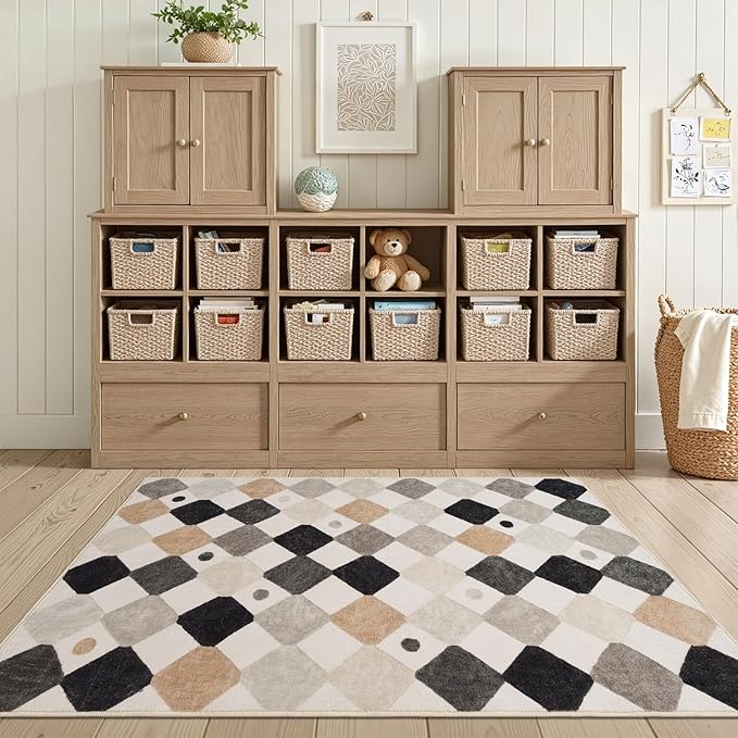 jinchan Macy Area Rug 3x5 Kids Washable Indoor Non-Slip Black and White Modern Soft Rug Elementary School Classroom Diamond Carpet for Nursery Playroom Daycare Bedroom Living Room Marble on Cream