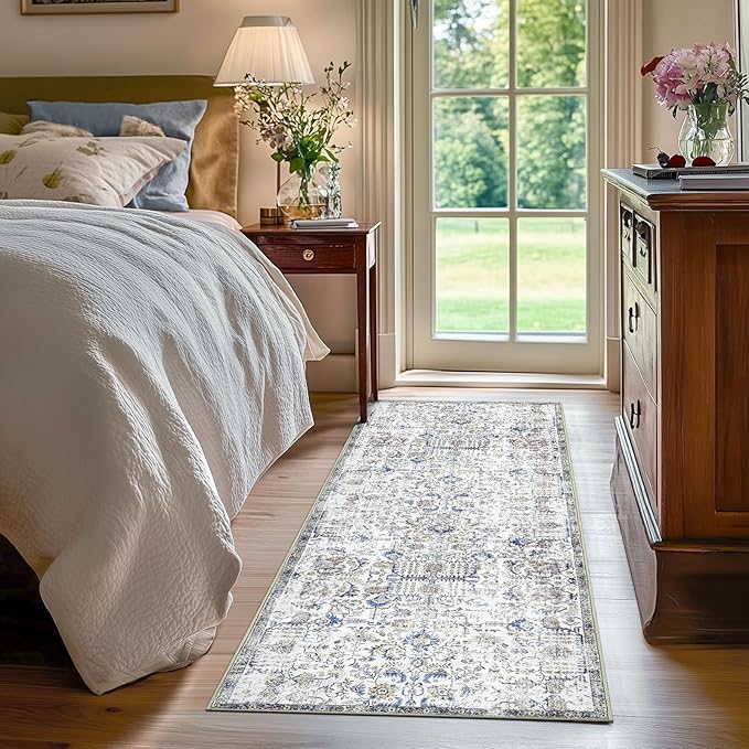 jinchan Kalen Runner Rug 2x6 Washable Hallway Rug Vintage Runner Indoor Floor Cover Thin Retro Distressed Floral Country Non Slip Carpet for Entryway Bathroom Kitchen Bedroom Living Room Blue
