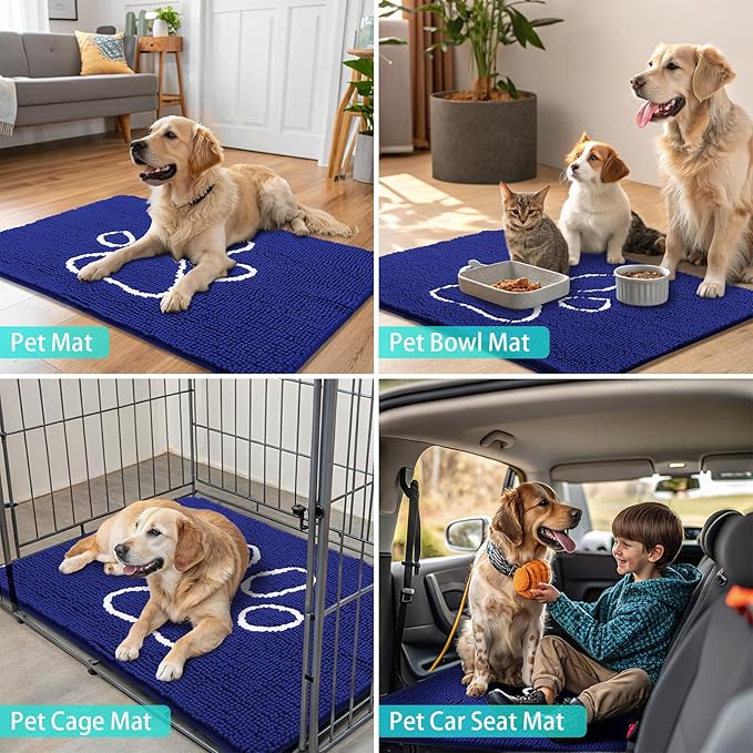 Smiry Dog Door Mat for Muddy Paws, Absorbent Dirt Trapper Non Slip Quick Dry Washable Chenille Mat for Mud Dogs, Entry Rug for Indoor and Outdoor (70x24 Inches, Navy Blue and White)