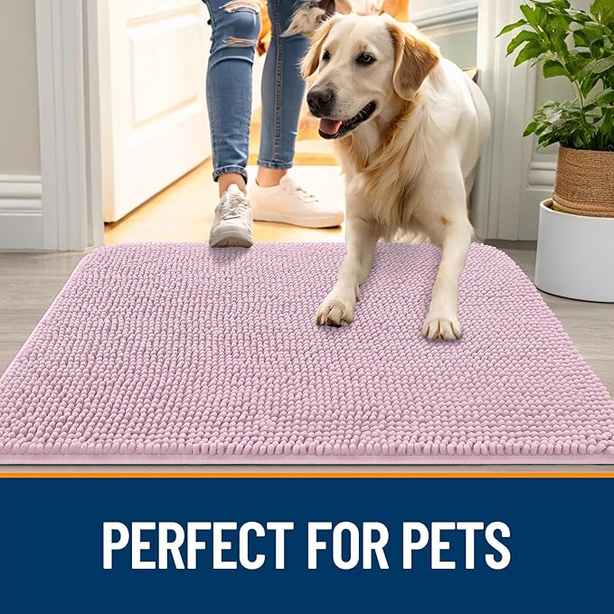 OLANLY Dog Door Mat for Muddy Paws 40x32, Absorbs Moisture and Dirt, Absorbent Non-Slip Washable Doormat, Quick Dry Chenille Mud Mat for Dogs, Entry Indoor Entryway Carpet for Inside Floor, Dusty Rose