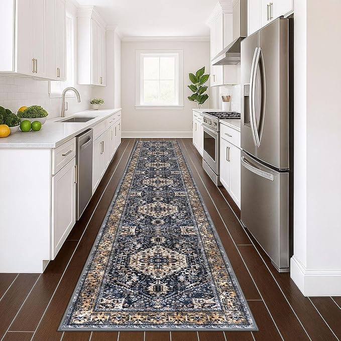 KOZYFLY Runners for Hallways 3x16 Ft Extra Long Washable Kitchen Thin Runner Rug Boho Runner Rug for Entryway Indoor Printed Faux Wool Stair Floor Carpet for Stair Kitchen Hall, Gold/Navy