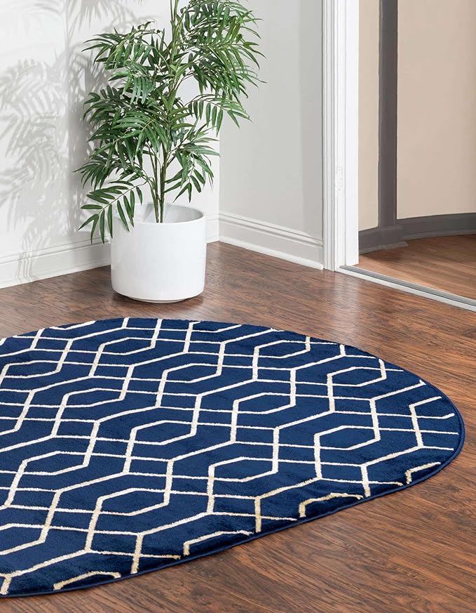 Unique Loom Glam Collection Area Rug - Trellis (4' x 6' Oval, Navy Blue Gold/ Gold)