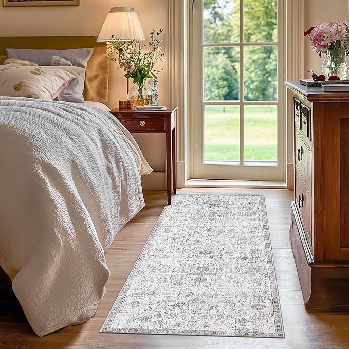 jinchan Kalen Runner Rug 2x5 Washable Hallway Rug Vintage Indoor Thin Retro Floor Cover Distressed Gray Floral Country Lightweight Non Slip Carpet for Entryway Bathroom Bedroom Living Room Grey