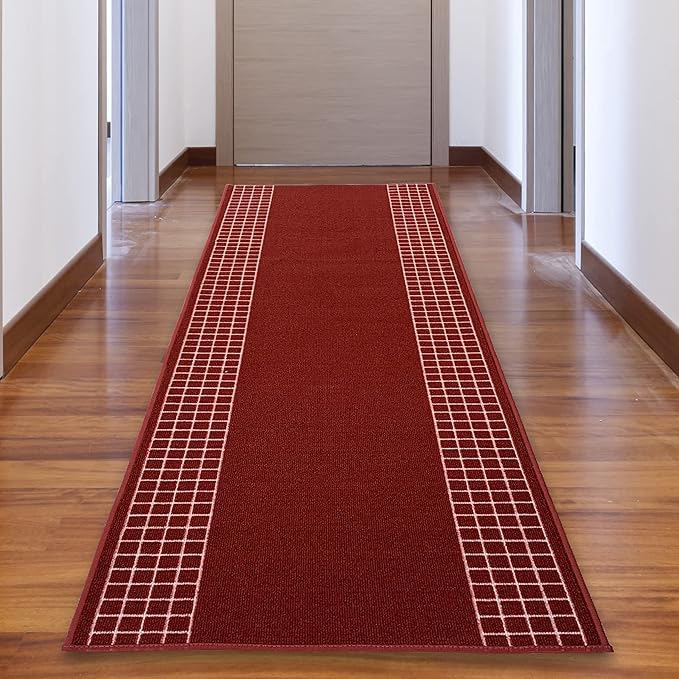 Custom Made Runner Rug for Kitchen Foyer Hallway Entry Choose Your Length 26 Inch Wide Geometric Checkered Design Red Color (22 feet x 26 inch)