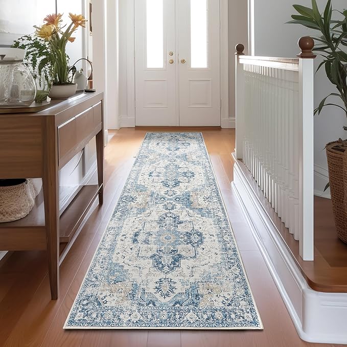 jinchan Kelda Runner Rug 2x8 Hallway Rug Washable Runner Vintage Mat Retro Print Lightweight Non-Slip Floor Cover Distressed Thin Carpet for Entryway Bathroom Bedroom Laundry Room Stairway Blue