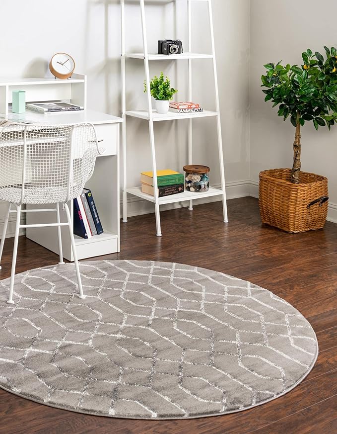 Unique Loom Glam Collection Area Rug - Trellis (3' 3" Round, Gray Silver/ Silver)