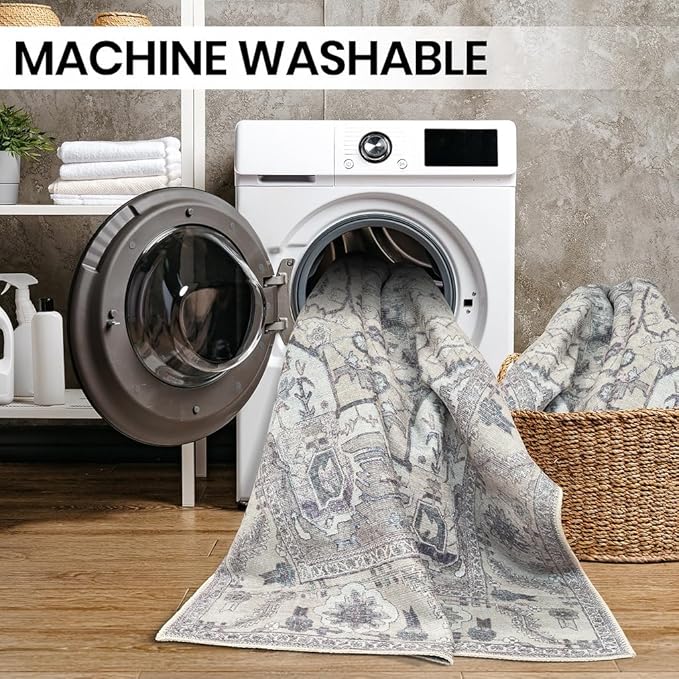 GLN Rugs Traditional Collection - Machine Washable Area Rug, Traditional Washable, Non Slip, Low Pile Chenille Rug, Living Room, Bedroom, Kitchen Rug (9' x 12' Cream/Gray)